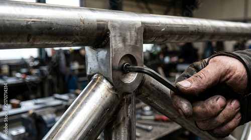 Metalworker uses an allen wrench to tighten a bolt on a stainless steel tubular structure in a workshop.