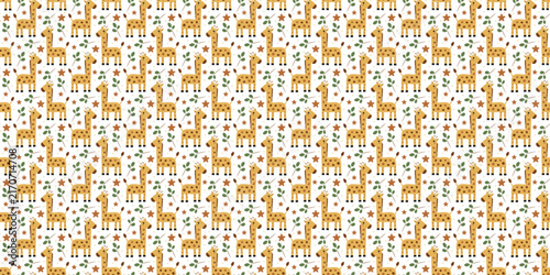 Giraffe seamless pattern with green leaves and stars. Giraffes repeating pattern for wrap