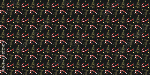 Christmas seamless pattern with candy canes and golden trees on dark background