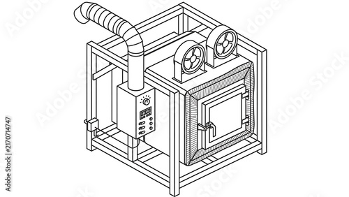 Industrial HVAC system technical drawing white background.