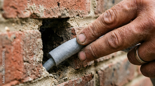 Electrician inserts a grey electrical wire conduit into a hole drilled through a red brick masonry wall.