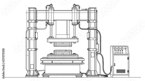 Industrial hydraulic press machine white background.