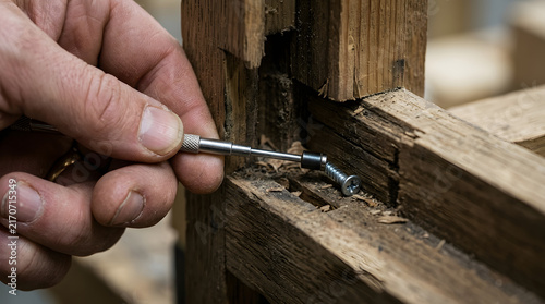 Carpenter drives a metal screw into a piece of weathered lumber using a handheld screwdriver.