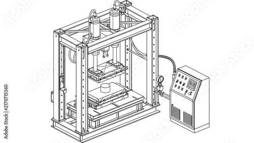 Industrial hydraulic press machine white background.