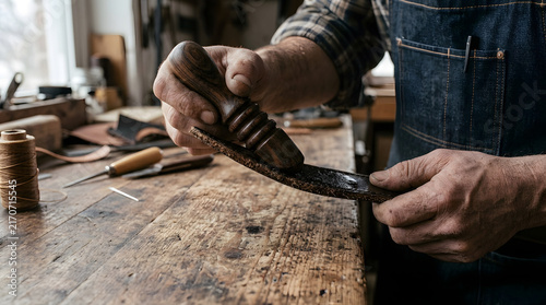 Leatherworker carefully burnishes the edge of a thick piece of brown leather using a wooden tool on a cluttered workbench in a rustic workshop.