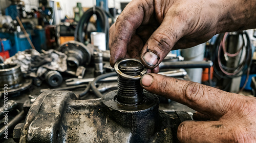 Mechanic installs a metal snap ring onto a greasy automotive engine component in a repair garage.