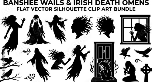 Canvastavla Irish Death Banshee Wail Woman Silhouette Black Clipart Horror Set