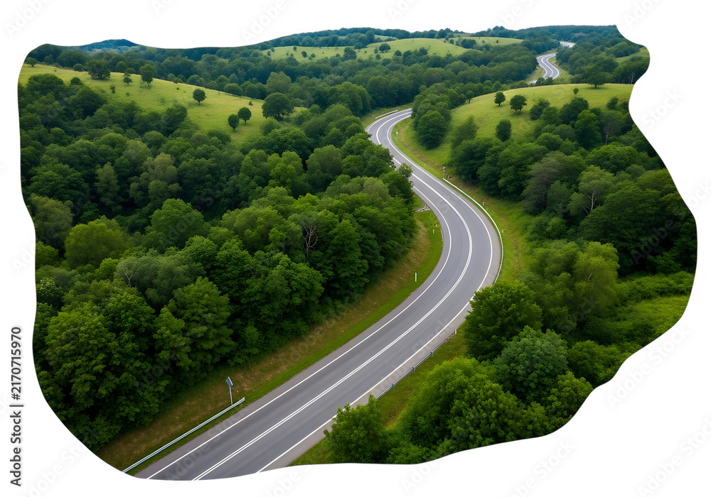Fototapeta premium Winding asphalt road through lush green hills and trees on transparent background highway pathway route track thoroughfare curved