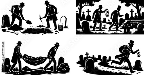 Картината върху платно Halloween Gravedigger Cemetery Worker Spooky Black Silhouette Scene