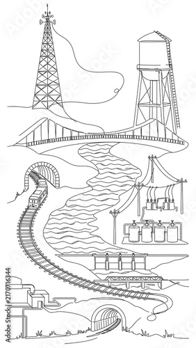 Industrial infrastructure sketch on white background.