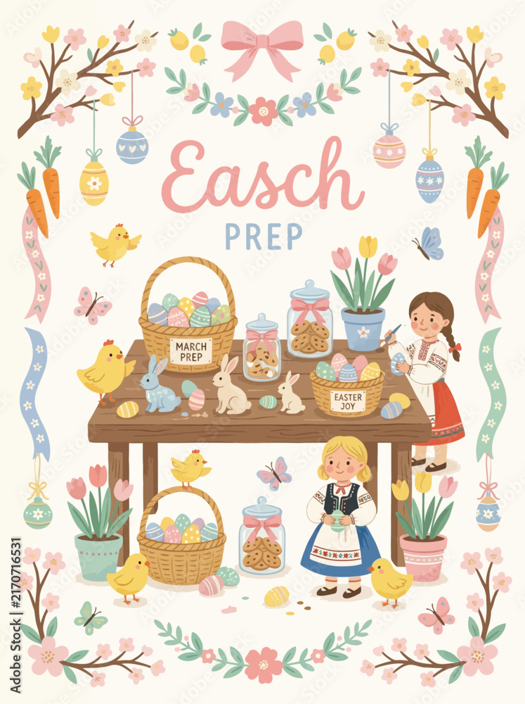 Fototapeta premium Joyful Children Celebrating Spring Holiday Traditions with Festive Easter Decorations