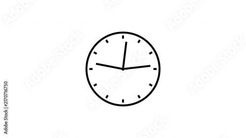 Black 12 hours clock spinning on white background, analog clock timer circle animated, clock with moving arrows, watch animation, animation for countdown and business project, 4k loop