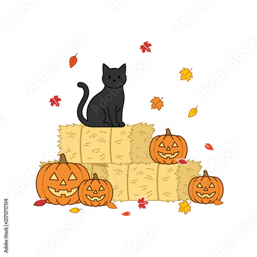 Cute Black Cat Sitting on Hay Bales with Jack-O-Lanterns