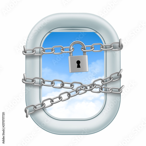 Aircraft window porthole with a metal chain and padlock around it. Isolated on white background