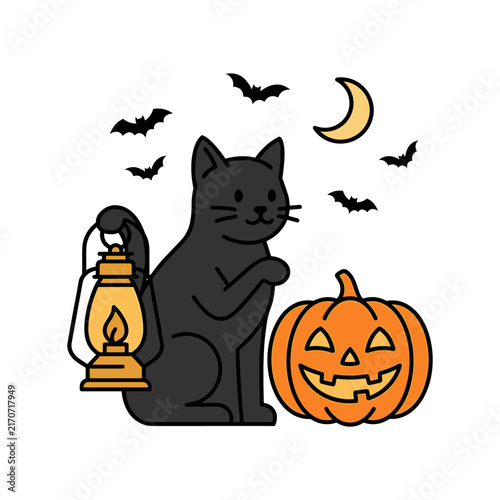 Cute Black Cat Holding a Lantern with a Jack O Lantern for Halloween