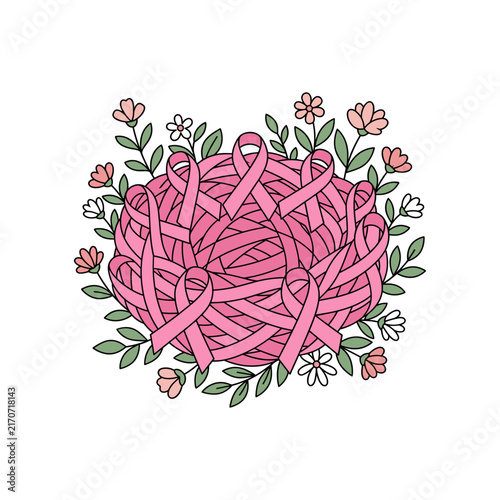 Pink Ribbon Nest with Spring Flowers for Breast Cancer Awareness