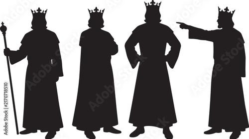 Four crowned kings in silhouette stand against a white background representing royalty and leadership authority black shape crown dynasty emblem figure heritage icon majesty monarch nobility