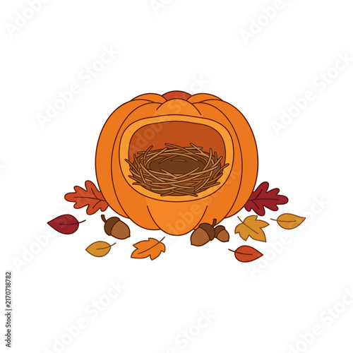 Cartoon Pumpkin with Bird Nest and Autumn Leaves on White Background
