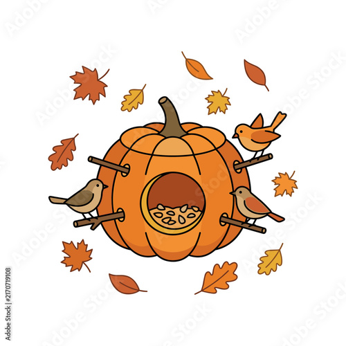 Cute Pumpkin Bird Feeder with Birds and Autumn Leaves