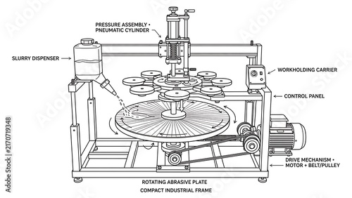Industrial lathe machine diagram white background.