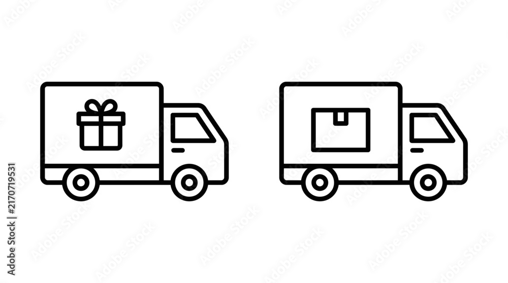 Fototapeta premium Delivery truck outline vector icon set with gift box and parcel shipping symbols for logistics and ecommerce