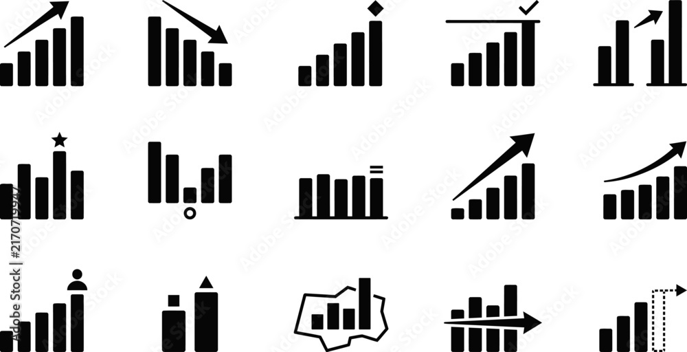 Obraz premium Set of black business bar chart icons representing financial growth and market performance analysis data