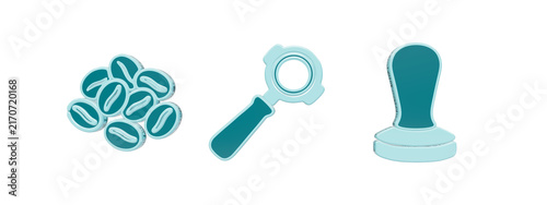Cuadro en lienzo Set of 3D coffee icons featuring roasted beans, an espresso portafilter, and a h