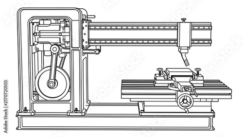 Industrial lathe machine illustration white background.