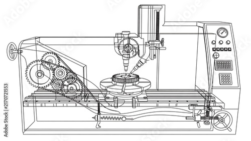 Industrial lathe machine technical drawing white background.