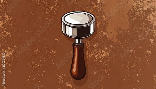 Espresso Portafilter with Wooden Handle on Rustic Background.