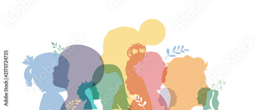 Silhouette profiles of diverse community faces in pastel colors for mental health social inclusion and unity banner