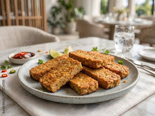 Crispy Pan-Fried Tempeh Slices Served on a Ceramic Plate with Fresh Chili and Lime Garnish in a Modern Restaurant Setting