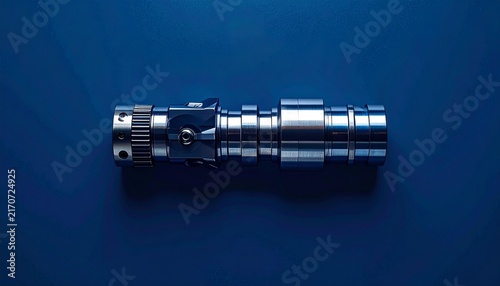 Close up of metallic camshaft on dark background.
