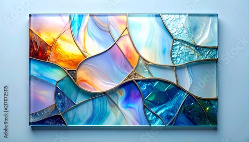 Colorful Abstract Stained Glass Artwork on Wall.