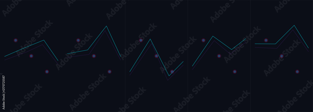 Fototapeta premium Five distinct line graphs with data points isolated on a dark background