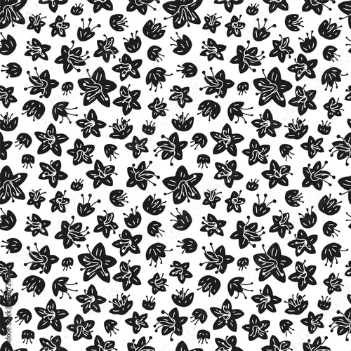 Seamless ditsy floral pattern with small monochrome black and white hand drawn wildflowers. Playful retro summer cottagecore botanical design