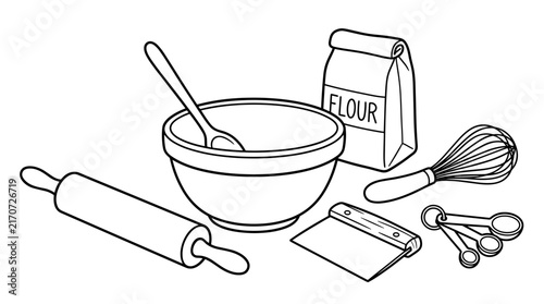 Baking tools including a rolling pin, whisk, bowl, measuring spoons, and flour bag, isolated on white