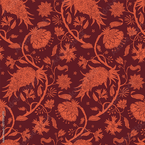 Vintage monochrome hand drawn Jacobean floral seamless pattern with folk botanical damask motifs. Boho Paisley orange blooms and trailing vines on dark red background