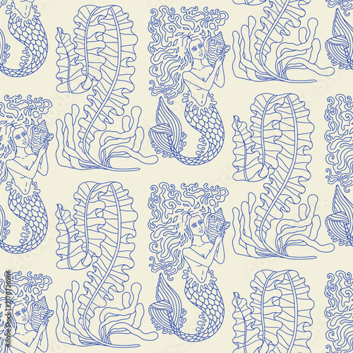 Seamless modern toile pattern with blue detailed line art mermaids, sea kelp, and shells on a cream background. Vintage coastal nautical aesthetic