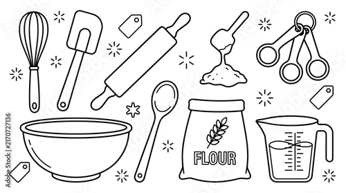 Collection of baking tools and ingredients, including whisk, flour bag, spatula, measuring cups, rolling pin, and measuring jug., bowl
