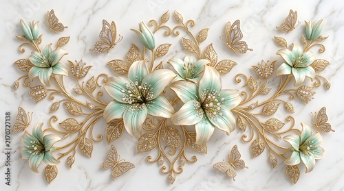 Luxury Lily Flower 3d design 4k HD Wallpaper with Gold Butterflies on Marble Background