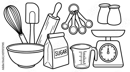 Baking tools set with whisk, spatula, rolling pin, measuring spoons, bowl, sugar bag, measuring cup, and scale, isolated on white.