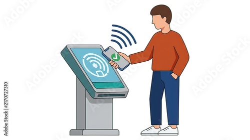 Orange Modern Shirt Man Using Contactless Card Reader at Interactive Kiosk