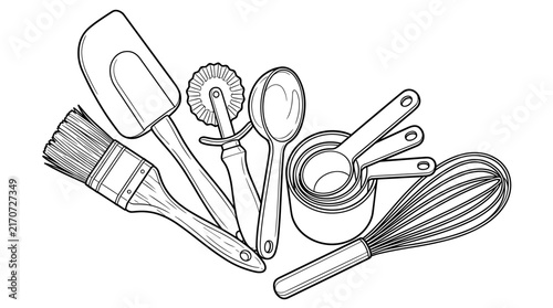 Collection of black and white line art baking tools including spatula, whisk, measuring cups, and pastry wheel, isolated on white