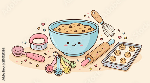Cute baking tools and chocolate chip cookies with happy faces, flat design vector illustration