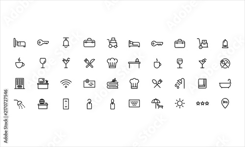 Set outline icons related to hospitality industry. Linear icon collection. Editable stroke. Vector illustration