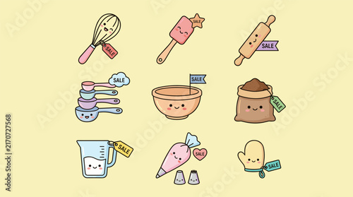 Cute cartoon baking tools with happy faces and sale tags, flat design vector icons on yellow background