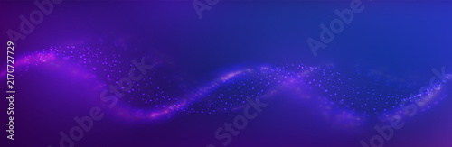 Abstract technology background. Glowing particle wave, neon blue purple gradient and soft light trail. Futuristic digital bg with data flow for banner, cover and presentation. Vector illustration