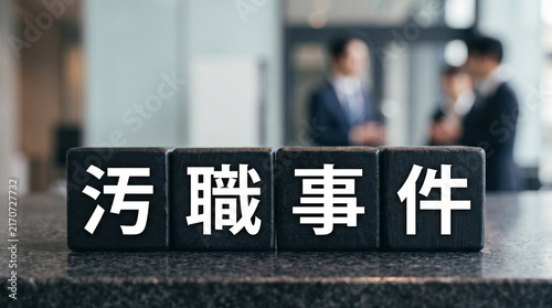 「汚職事件」の文字ブロックと背景に佇むビジネスパーソン