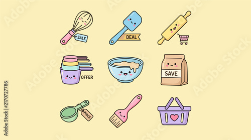 Cute kawaii baking icons with sale, offer, and price tags, flat design vector set